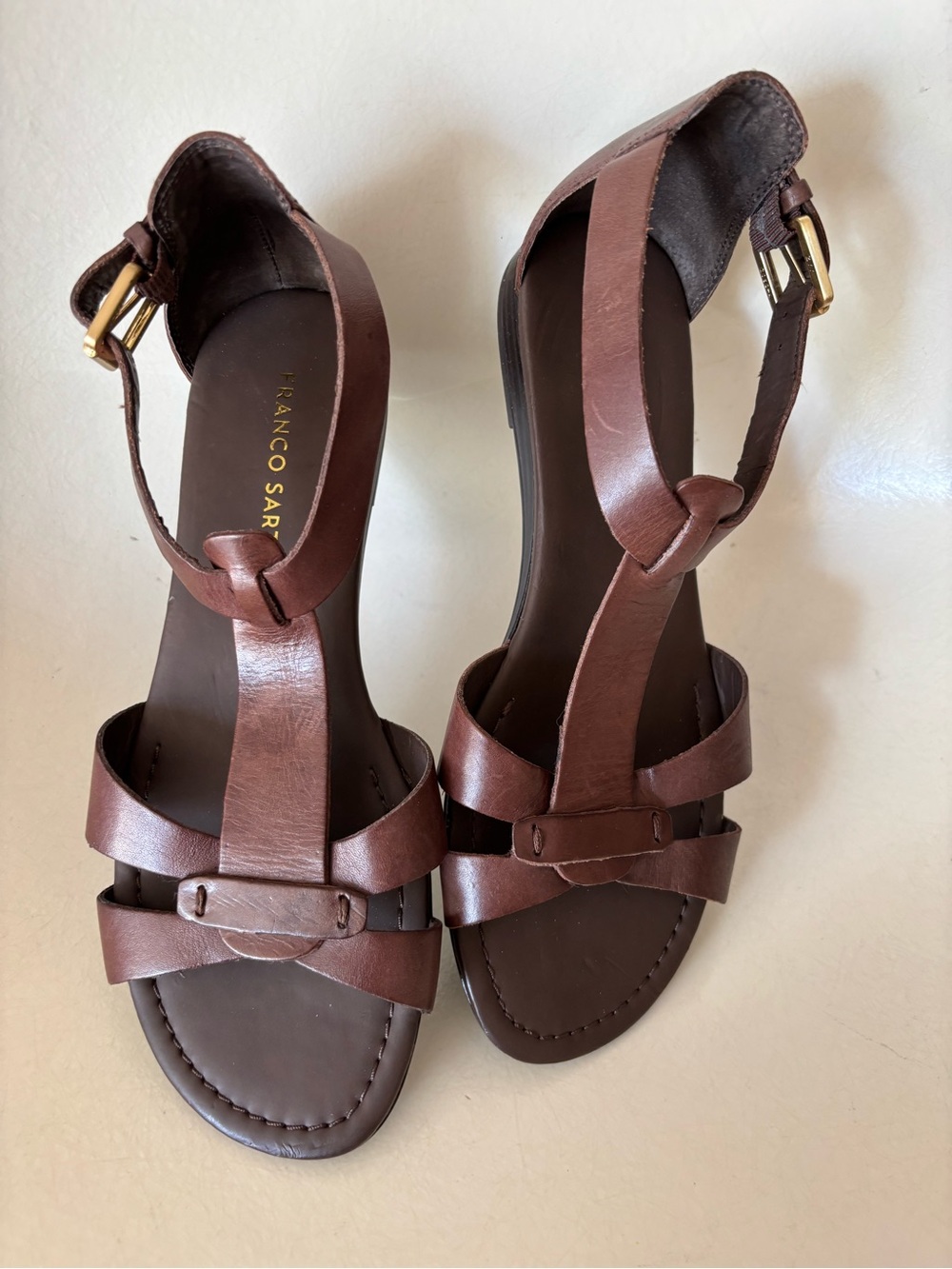 Franco Sarto Brown Leather T-Strap Sandals